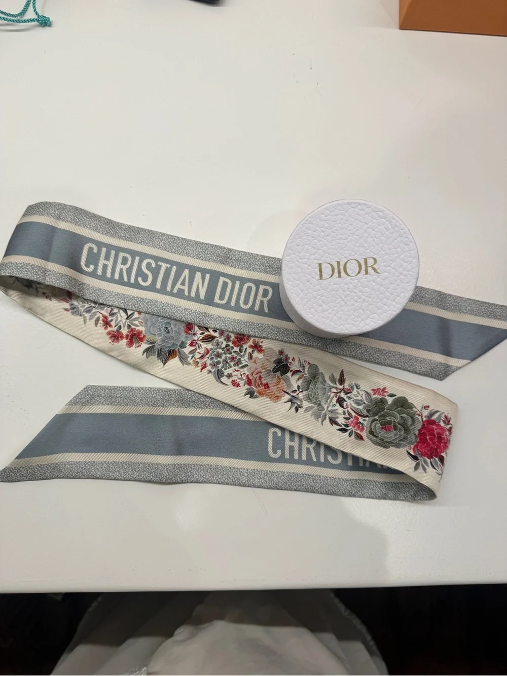 Dior Floral Silk Twilly Scarf - Ivory with Multi-Color Floral Print, never worn